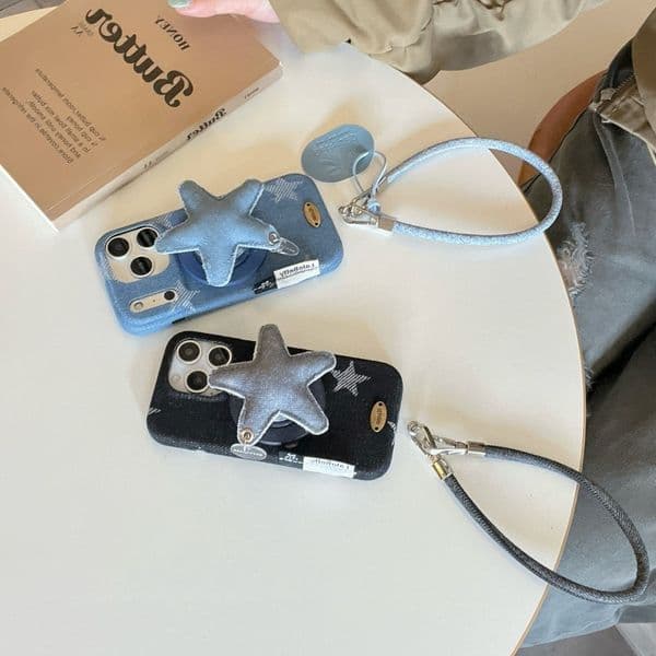 Designer Denim Magnetic Star Stand Phone Case Compatible with iPhone Pro Max Solid Color Lanyard Case Apple Iphon 17 Pro Max 16 15 14 13 Mini 12 11 XR Air