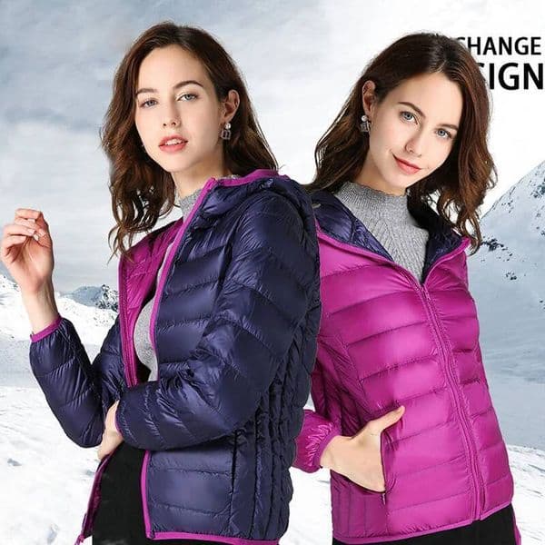 Women Ultra Light 90% Duck Down Jacket Hooded Jackets Long Sleeve Double Side Wear Reversible Lightweight Warm Coats dongdumaoyi