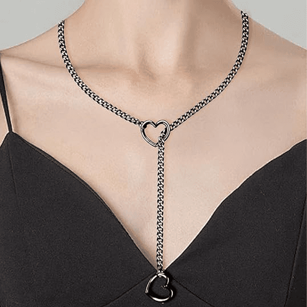 Heart Slip Chain Necklace for Women Men Stainless Steel Adjustable O-Ring Lariat Cuban Collar Choker Necklace Jewelry Punk Rock Gothic Y-Necklace Black Tone