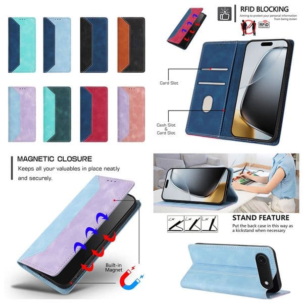 Edge Hybrid Hit Color PU Leather Wallet Case For Samsung S25 FE S24 Plus S26 Pro M36 A56 A17 A26 A07 A06 Suck Magnetic Closure ID Card Slot Flip Cover Holder