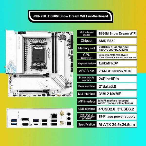 JGINYUE B650M Snow Dream WIFI 6E Motherboard DDR5 AM5 Gaming Desktop Computer DDR5 Motherboard CPU R7 9800X3D/9700X/7800X3D