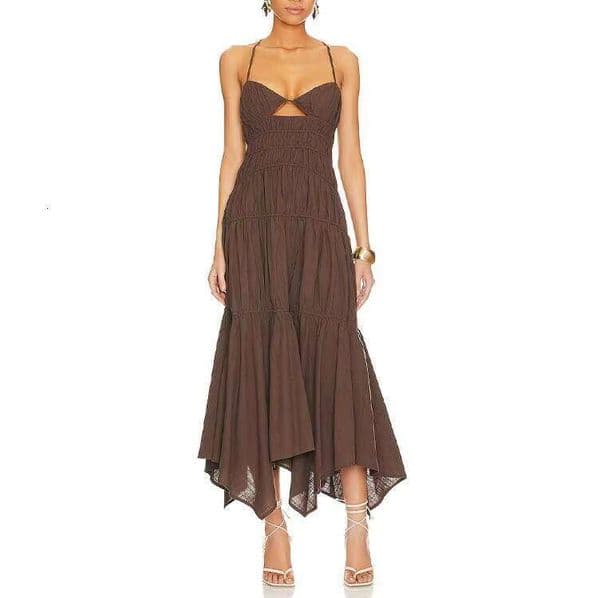 Custom Clothing Manufacturer Cotton Non-Slip Layered Ruffle Bohemian Hollow Lace-Up Backless Women's A-Line Dress prom