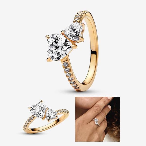 Golden Double Heart Sparkling Ring 925 Sterling Silver luxurious RING For Women Gift Jewelry Set Designer Gold Rings with Retail Original Box Top Quality Wholesale