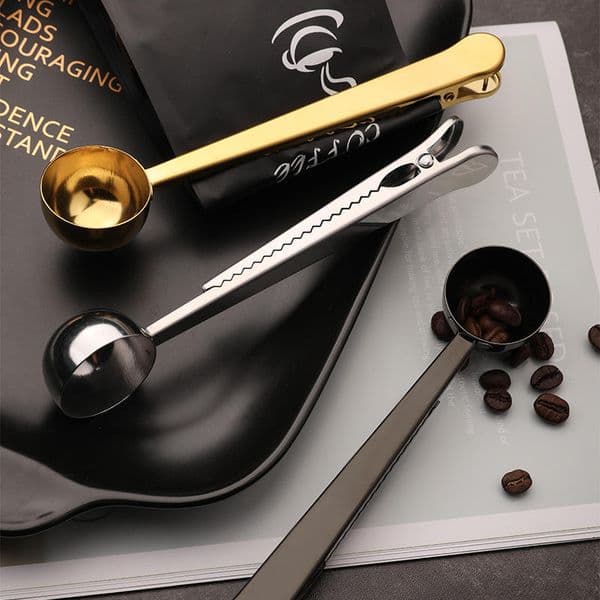 Stainless Steel Ground Coffee Spoons Golden Measuring Scoop Spoon With Bag Seal Clip