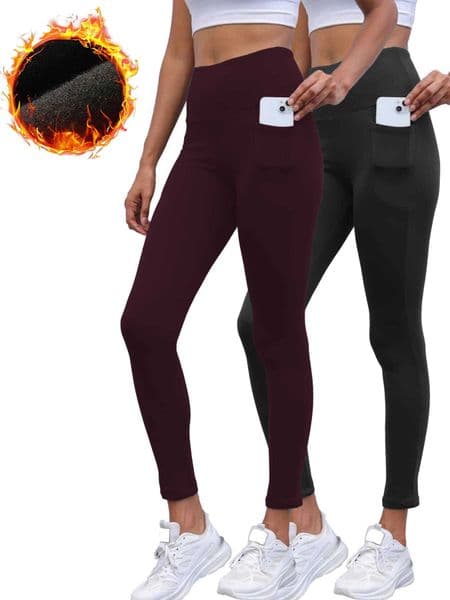 2 Pack Womens Thermal Fleece Lined Leggings with pockets High Waisted Tummy Control Workout Winter Warm Thick Tights Pants C251111