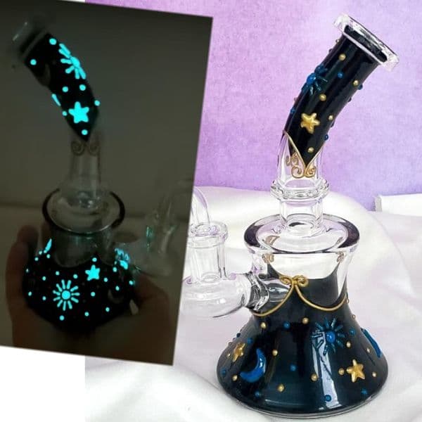 Glow at night New small best matrix blue black amber 6inch Glass Beaker bubbler glass bong water pipe with 14 mm joint oil burner blue