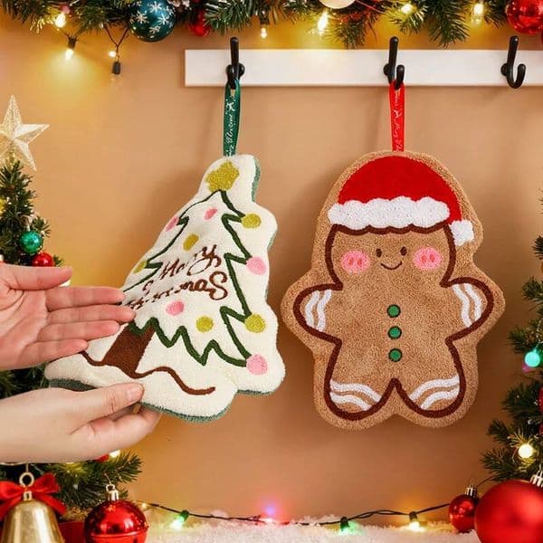 Christmas 1/3Pcs Cartoon Hand Towel Gingerbread Man Snowman Tree Design Coral Fleece Hanging Towels Home Kitchen Bathroom Decor ddmytues