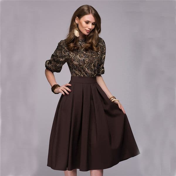 MU4125 New Women's Dress - European and American Style - Retro Pleated Print Color Block Dress