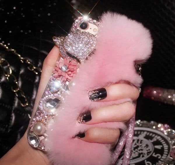 Luxury Soft fluffy Rabbit Fur Bling Diamond Fox Head Flower Pearl Phone For iPhone14 16 12 13 15Pro Max XR XS 16Plus Case