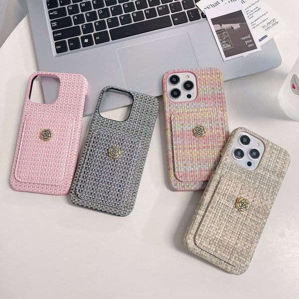 New Designer Phone Case Woven Pattern Card Holder Camellia Suitable For Iphone 15 Pro Max Apple 14 Phone Case Phone Case Designer
