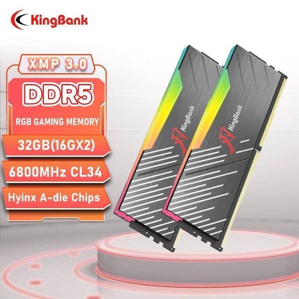 KingBank Hynix A die DDR5 Memory 32GB 16GBx2 6800MHz RGB Black Memory Kit for Enhanced Performance XMP30