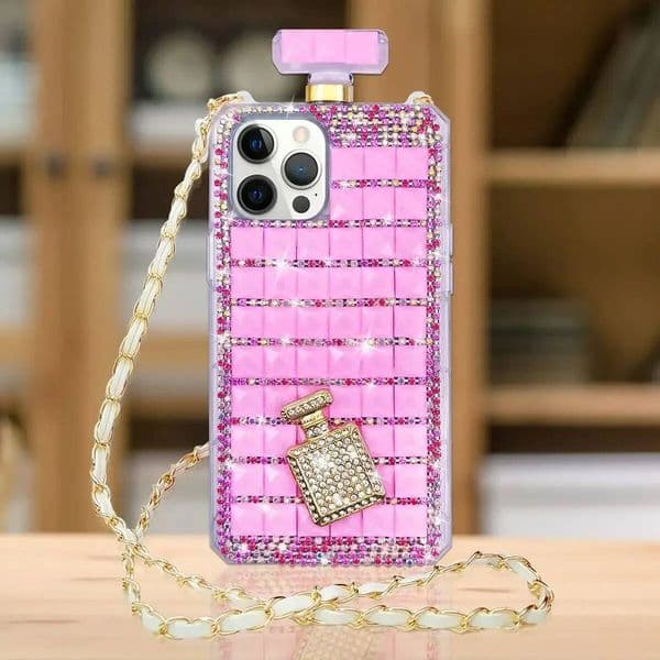 Diamond Rhinestone Crystal Perfume Bottle Phone Case, Luxury Bling Chain, for iPhone 15Pro, 14Plus, 13 Pro, 12, 16Pro MAX, XS
