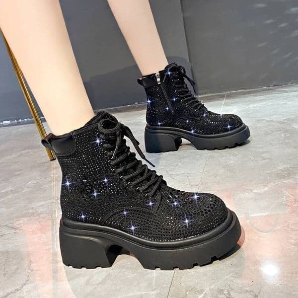 2026 new sequined diamond short boots for women s autumn and winter Christmas gift designer fashion high cut thick heel lace up boots casual shoes