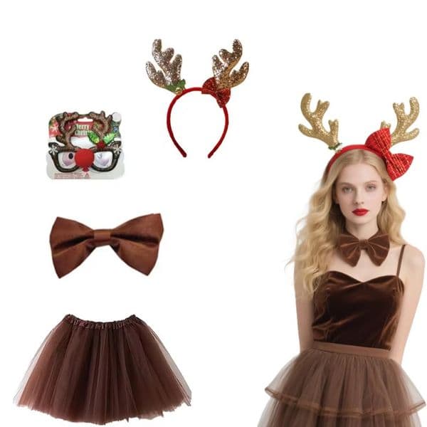 Four adult chiffon dresses, a reindeer headband, socks, and decorative glasses. The reindeer Cosplay costume is brown for women's Christmas masquerade