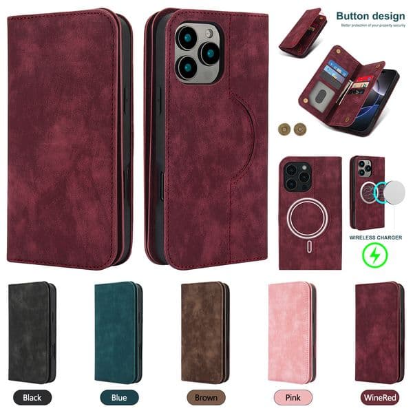 Magnetic Wireless Charge Wallet Phone Case for iPhone 16 15 14 Plus 13 12 Pro Max 6 Card Slots Retro Matte PU Leather Flip Cover