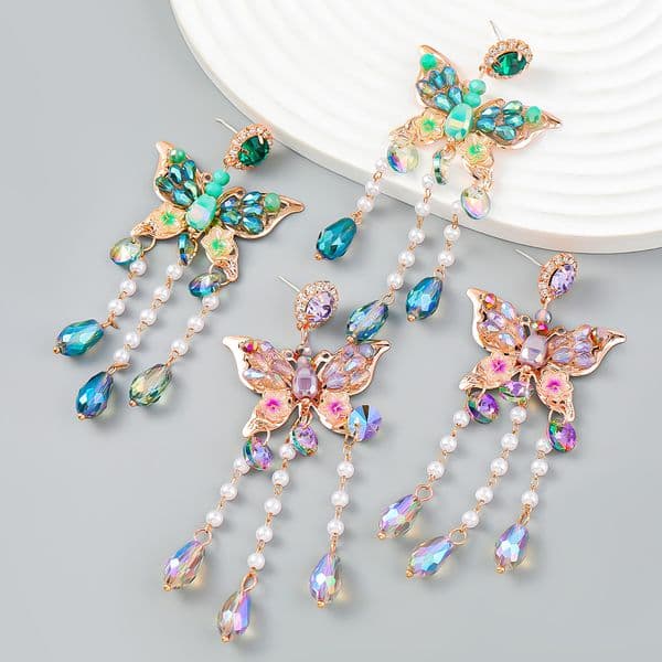 Alloy Material Inlaid With Diamonds Butterfly Shaped Earrings Acrylic Tassel Earrings Charming And Trendy Earrings For Girls
