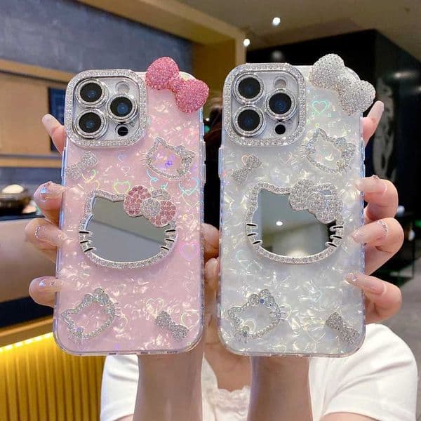 Makeup Mirror 3D Cute Cartoon Glitter Phone Case For iPhone 17 16 15 14 13 12 Pro Max Shockproof Hard Cover H251115