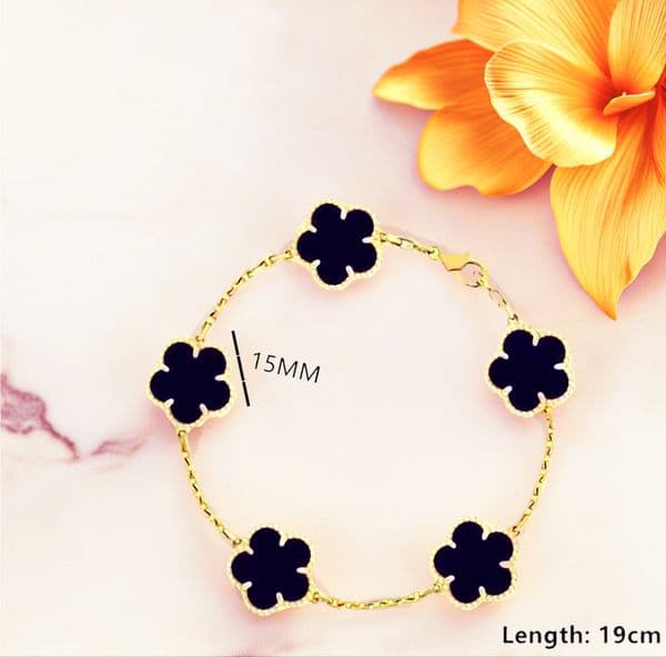 Designer Fashion Classic 4/4 Clover Charm Bracelet in Gold Goldstone and Mother of Pearl, Customization Available 01