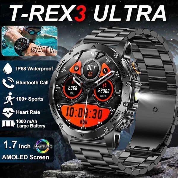New 1000mah Battery 17 HD AMOLED Screen Sports Smart Watch Men Fitness LED Flashlight 5ATM Waterproof GPS Smart Watches 2025M251117