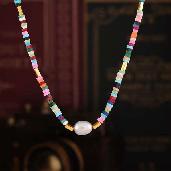 Jewelry Colored Natural Stone Beaded Bohemian Design Stainless Steel Freshwater Pearl Women's Necklace