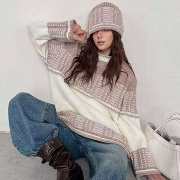 korean fashion jacquard crew neck women pullover sweater hat autumn and winter loose knitted sweaters long sleeve office tops
