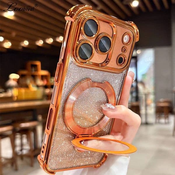 Magsafe Glitter Bracket Plating Case for iPhone 17 16 15 Pro Max 14 Plus 11 12 13 Air Ring Holder Bling Airbag Bumper Cover