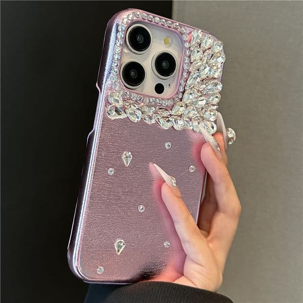 New fashionable and popular iPhone Pro Max pink pattern rhinestone phone case, luxurious high-end female designer Apple phone case