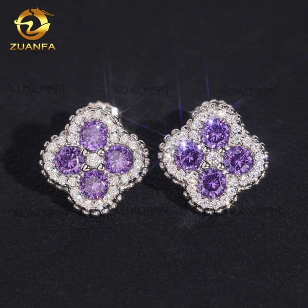 Jewelry Fashion Earrings 18k Gold Plated 925 Silver Cz Flower Design Iced Out Push Back Stud Earring