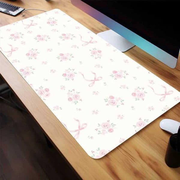 Light Pink Lovely Flower Green Leaves Bow Aesthetic Large Gaming Mouse Pad Non-slip Office Accessories Birthdaye Tens FriendsM251119