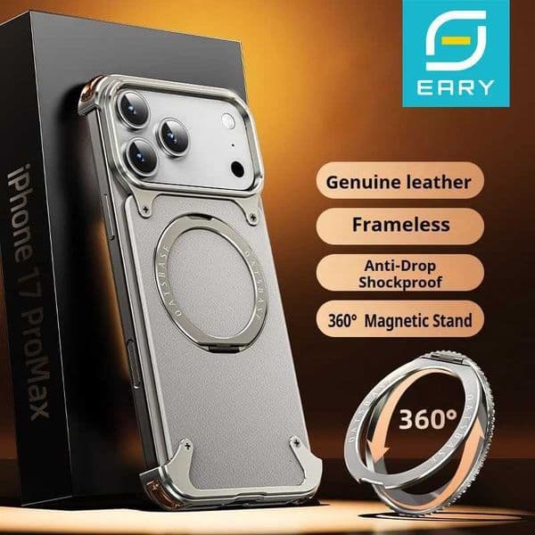 Eary for iPhone 17 Pro Max Air Phone Case Genuine Leather Frameless Shell With 360Rotate Magnetic Stand Anti-Drop CoverW251120