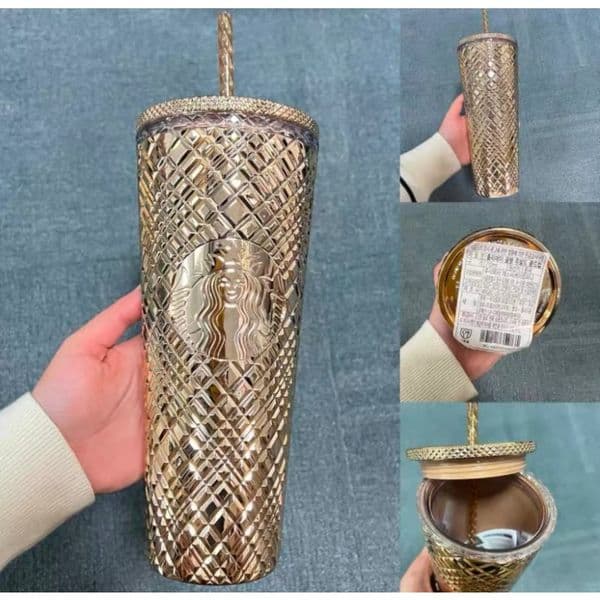24OZ Gold Diamond Textured Plastic Tumbler Reusable Cold Cup with Lid and Straw Insulated Travel Mug