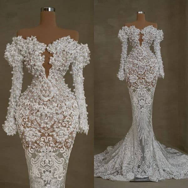 Gorgeous Off Shoulder Wedding Dresses Pearls Bridal Gowns Appliques Long Sleeves Princess See Through Mermaid Customized Vestidos De Novia Plus Size