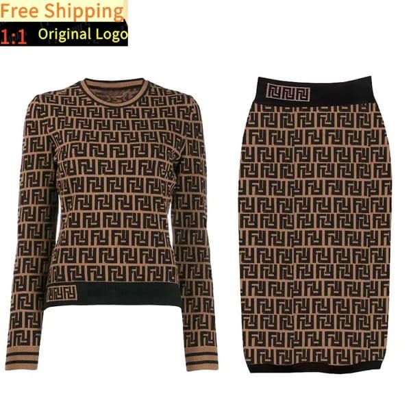 Designer Two Piece Set Women Clothing knitting Cardigan Sweater Hip Wrap Skirt Autumn and Winter Round neck striped fashion Long Sleeve Highend Jacquard Coats