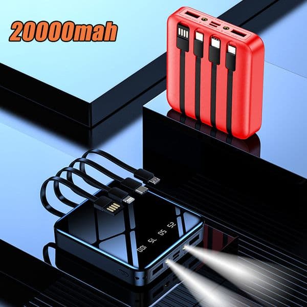 20000mah Mini Power Bank Portable External Battery Powerbank With Flashlight Built in Cables Poverbank For iPhone Xiaomi Samsung