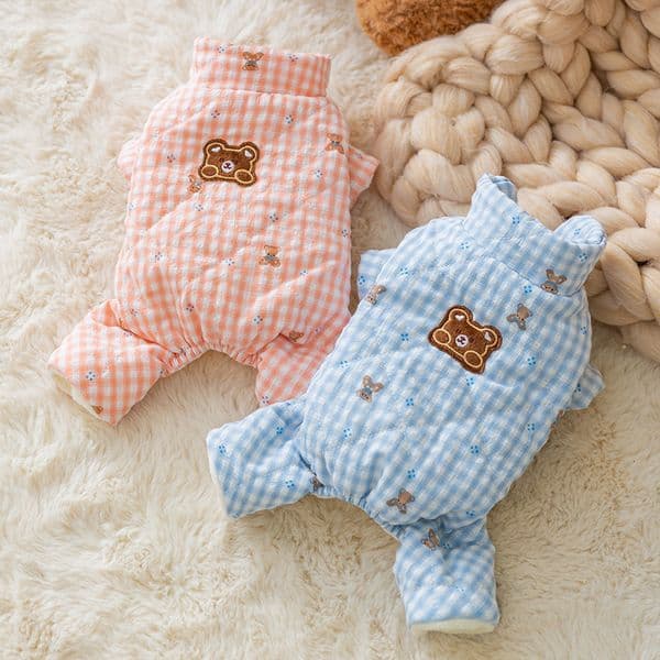 Autumn Winter Dog Cute Korean Cartoon Checkerboard Bear Full Print Four-Legged Cotton Coat Cat Teddy Pet Clothes