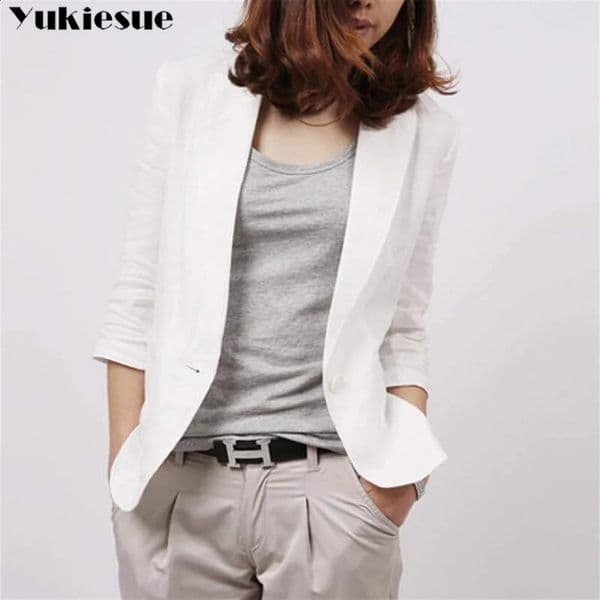 Cotton linen set womens jacket spring and summer chic elegant jacket womens short jacket womens white jacket 250411BANJIA