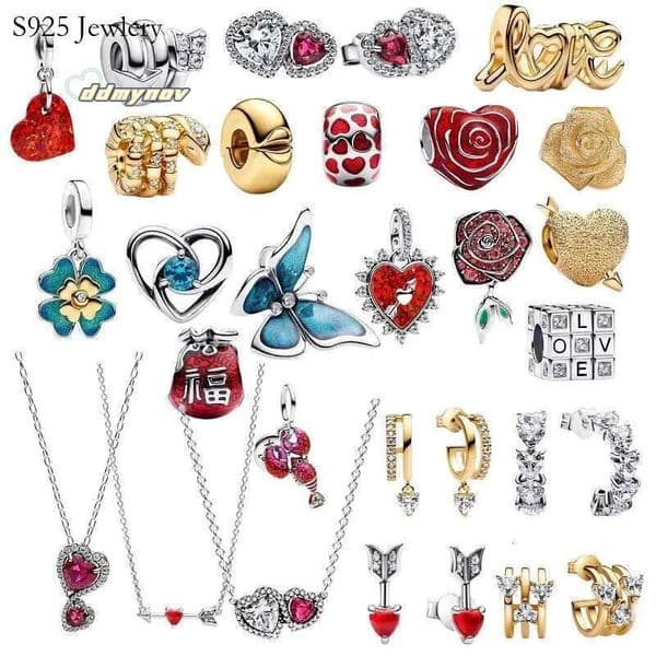 New Charms 925 Sterling Silver Rose Butterfly Pendant Charm Double Love Necklace Earrings Set for Women Valentines Day Jewelry Gift ddmynov