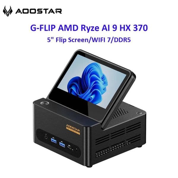 Aoostar Mini Pc G-FLIP AMD Ryzen AI9-HX370 Desktop 5 Flip Screen USB4 OCuLink Wi-Fi7 Desktop Computer Mini Pc for Work Gaming