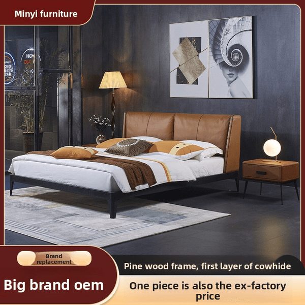 Bedroom Furniture---Customizable Top-Grain Yellow Cowhide Bed, Down-Filled Upholstered Bed--6