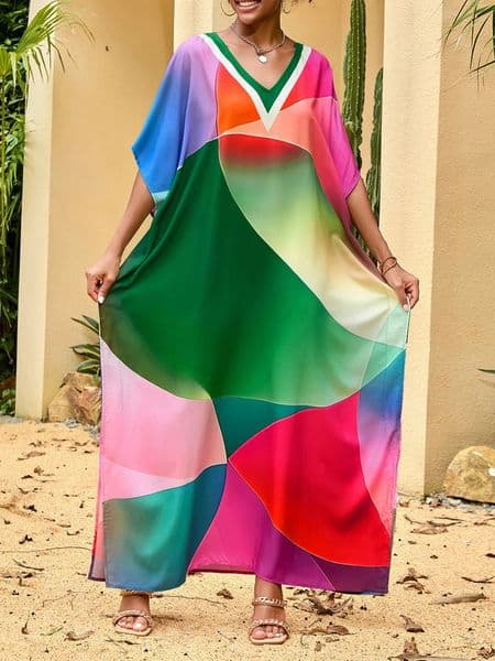 Bohemian beach style geometric pattern full body print Vneck side seam vacation dress and cover 250422BANJIA