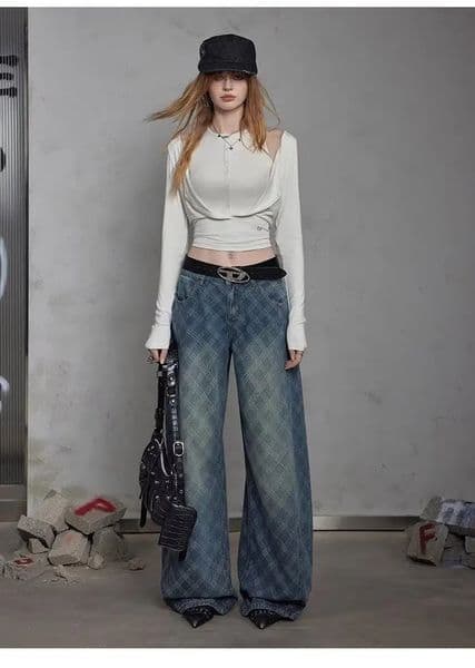 Grid Jeans American Casual Style Vintage Straightcut Loosefitting Highstreet Wideleg Pants Y2k Baggy Ladies Jean Woman 251121