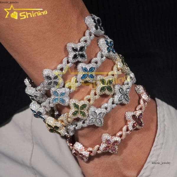 Charming Colorful Marquise Eye VVS Moissanite Four-Leaf Three-Leaf Clover 925 Silver Cuban Chain Men's Women's Jewelry Bracelet Bangle