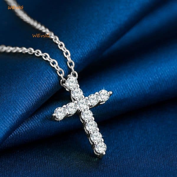 Mothers Day Gift Waterproof 925 Sterling Silver Shining VVS Moissanite Diamond Cross Pendant Necklace for Men Women