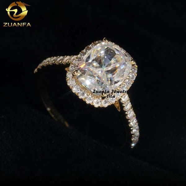 Classic Halo Design 14k Yellow Gold Long Cushion Cut 3ct VVS Moissanite Ladies Engagement Ring
