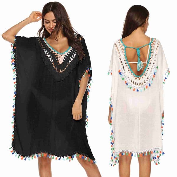 Irregular hand hook splicing colorful tassel deep V sexy loose beach bikini cover shirt backless skirt for women A1160