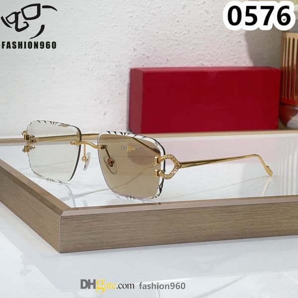 Luxury men designer Sunglasses for women men diamond cut lenses rimless glasses metal frame shades UV Protect eyes customized design brand leopard eyeglasses 0576