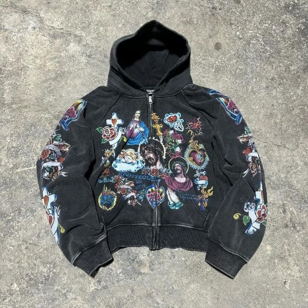Mens Hoodies Y2k Retro Black Risen King Cropped Zip Up Hoodie Gothic Graphic Washed For Men Women Sweatshirt Streetwear