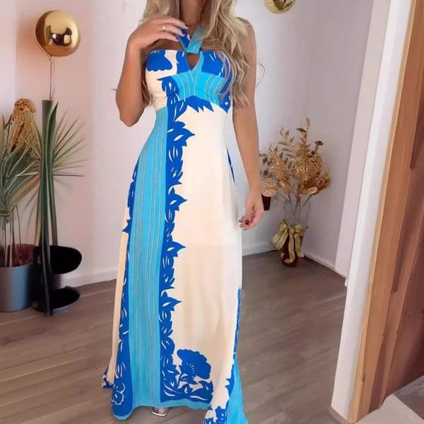 (398) New halter neck sexy color matching fashion holiday beach long print dress women's clothing