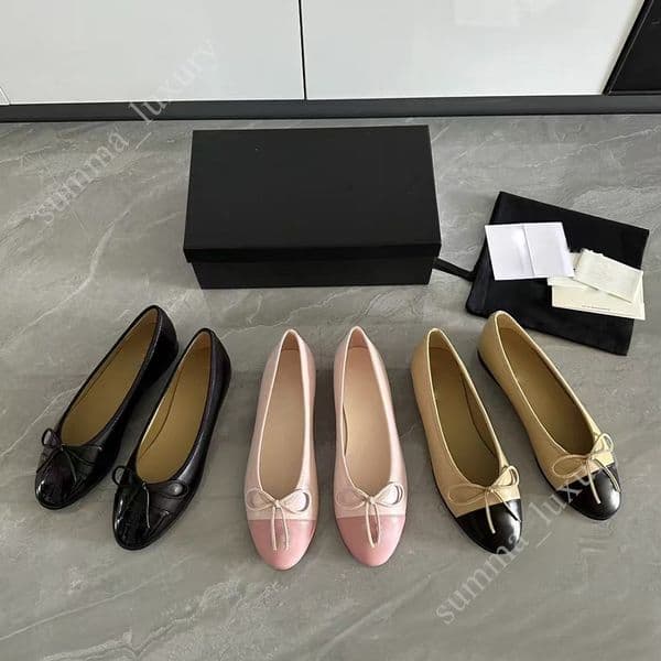 Ballet Flats Classic Designer shoes Women wedding dress 100% Leather Tweed Cloth Two Color Splice Bow Round Fashion summer party Womens sandals high quality