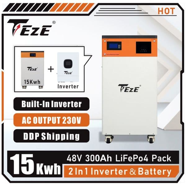 TEZE New Upgrade 2 In 1 48V 300Ah 15kWh LifePo4 Battery Built-in Hybrid Inverter Powerwall 220V Home Solar Storage System